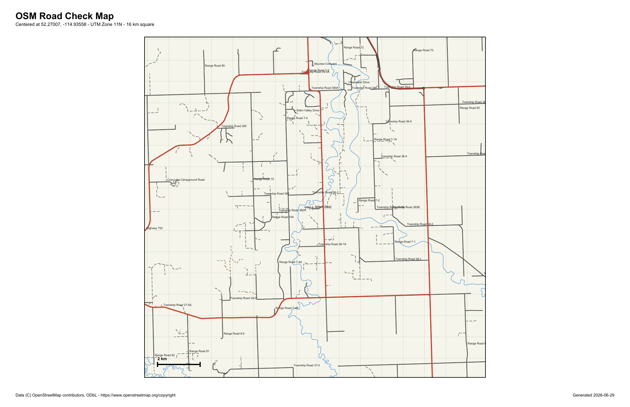 Road map preview with township roads and creek lines